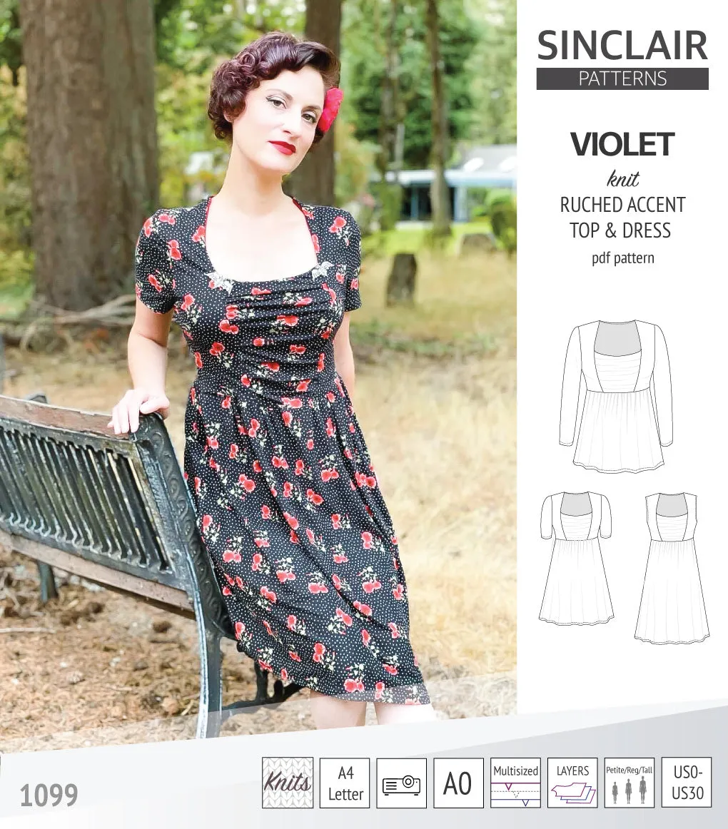 Violet ruched front accent top, tunic and dress for knit fabrics (PDF)