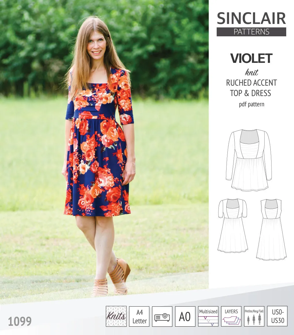 Violet ruched front accent top, tunic and dress for knit fabrics (PDF)
