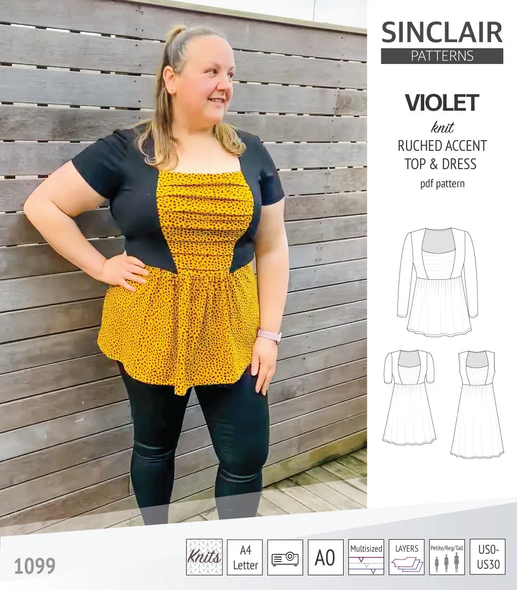 Violet ruched front accent top, tunic and dress for knit fabrics (PDF)
