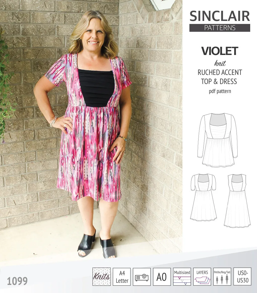 Violet ruched front accent top, tunic and dress for knit fabrics (PDF)