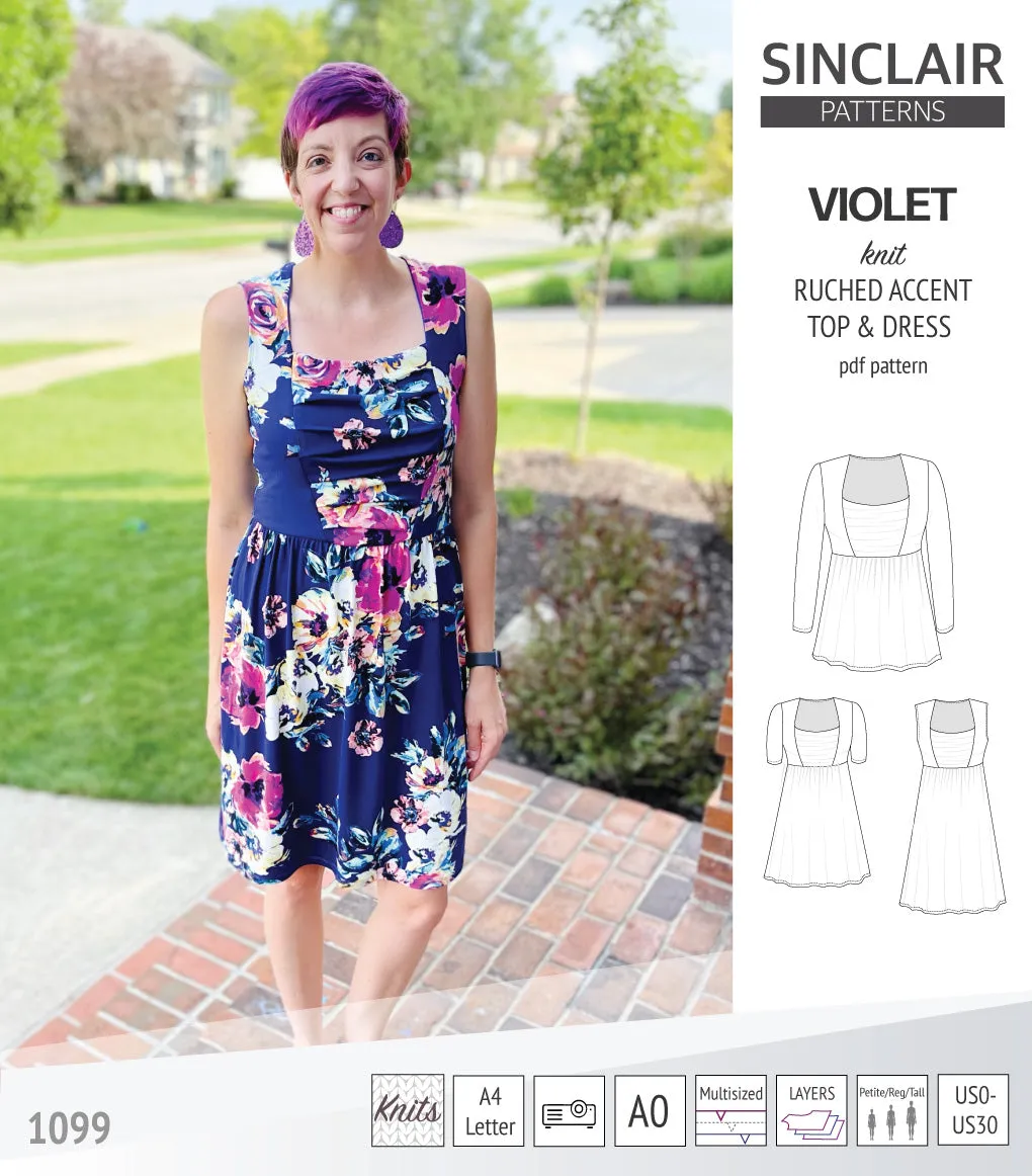 Violet ruched front accent top, tunic and dress for knit fabrics (PDF)