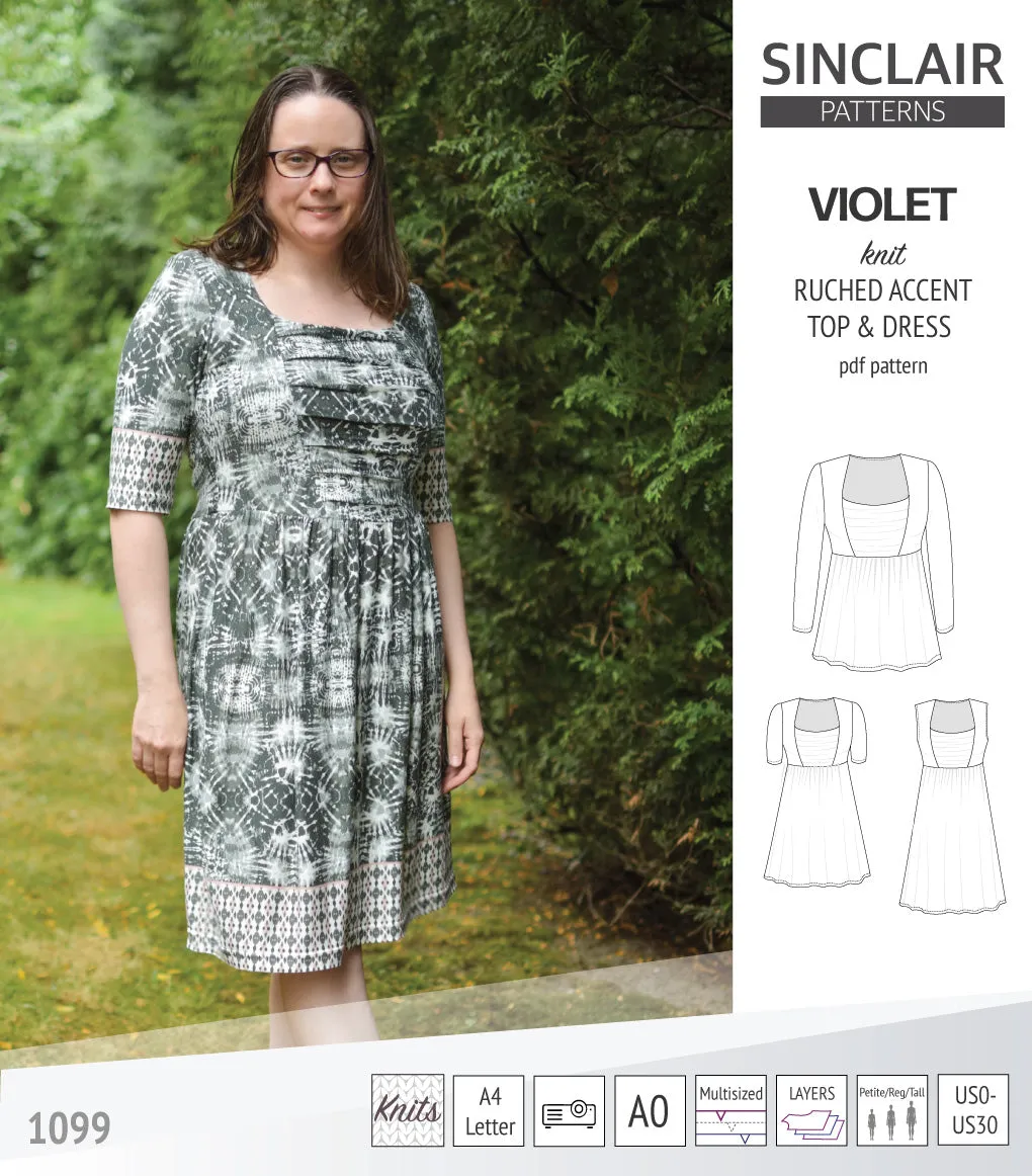 Violet ruched front accent top, tunic and dress for knit fabrics (PDF)