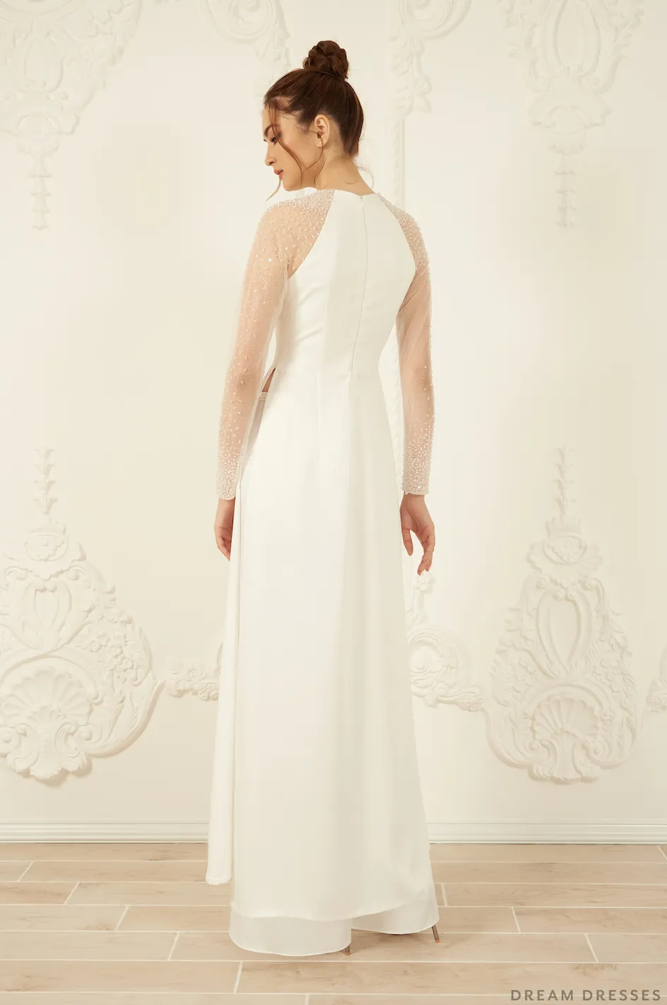 White Bridal Ao Dai | Long Sleeves Vietnamese Bridal Dress (#ROSETA)