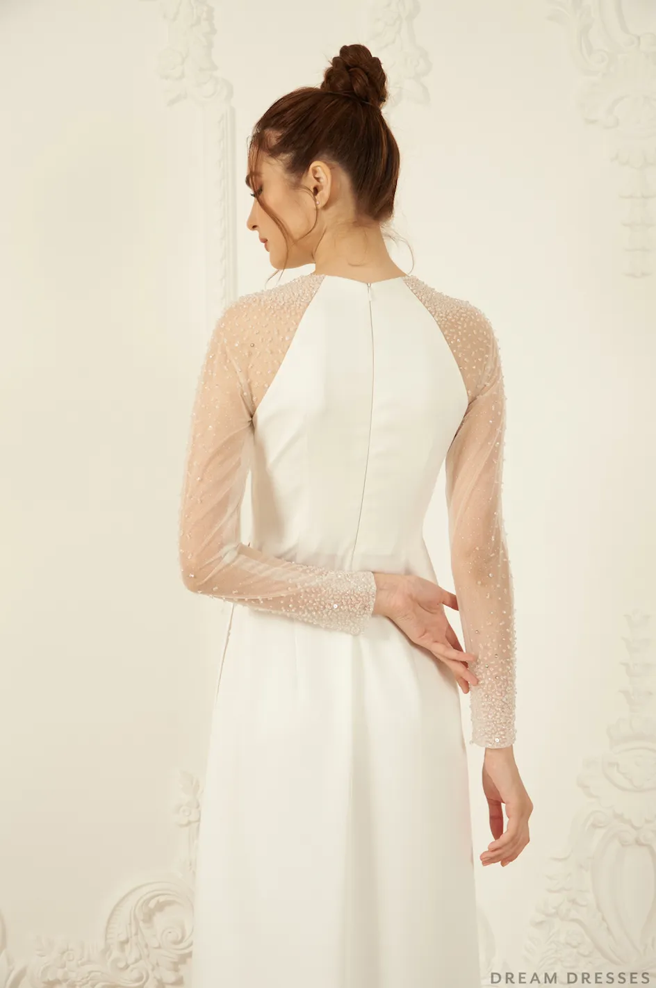 White Bridal Ao Dai | Long Sleeves Vietnamese Bridal Dress (#ROSETA)