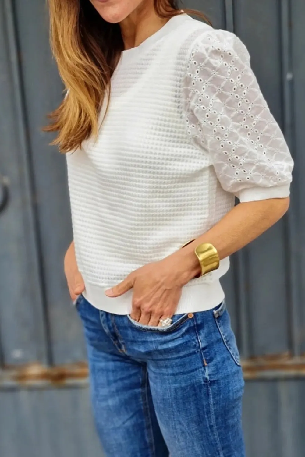 White Contrast Lace Eyelet Puff Sleeve Waffle T-shirt