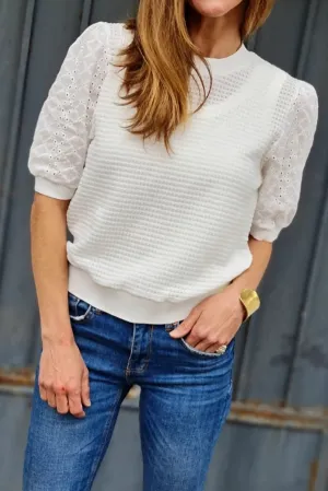White Contrast Lace Eyelet Puff Sleeve Waffle T-shirt