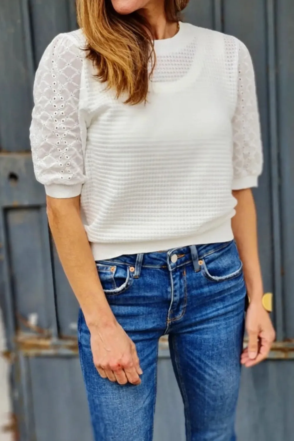 White Contrast Lace Eyelet Puff Sleeve Waffle T-shirt