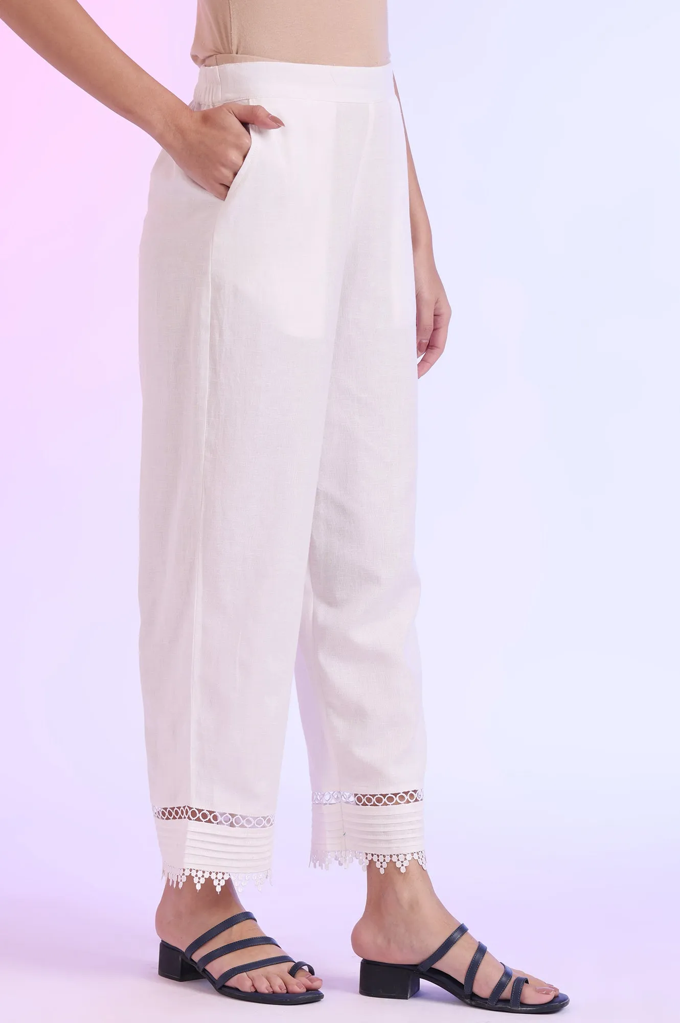 White Solid Straight Cotton Flax Palazzos