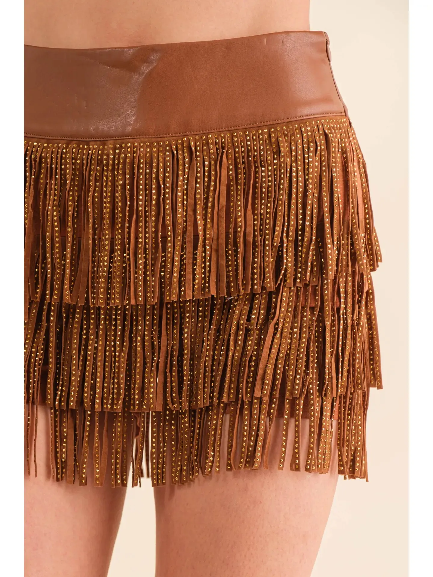 Wide Faux Leather Waist Tiered Fringe Studded Short