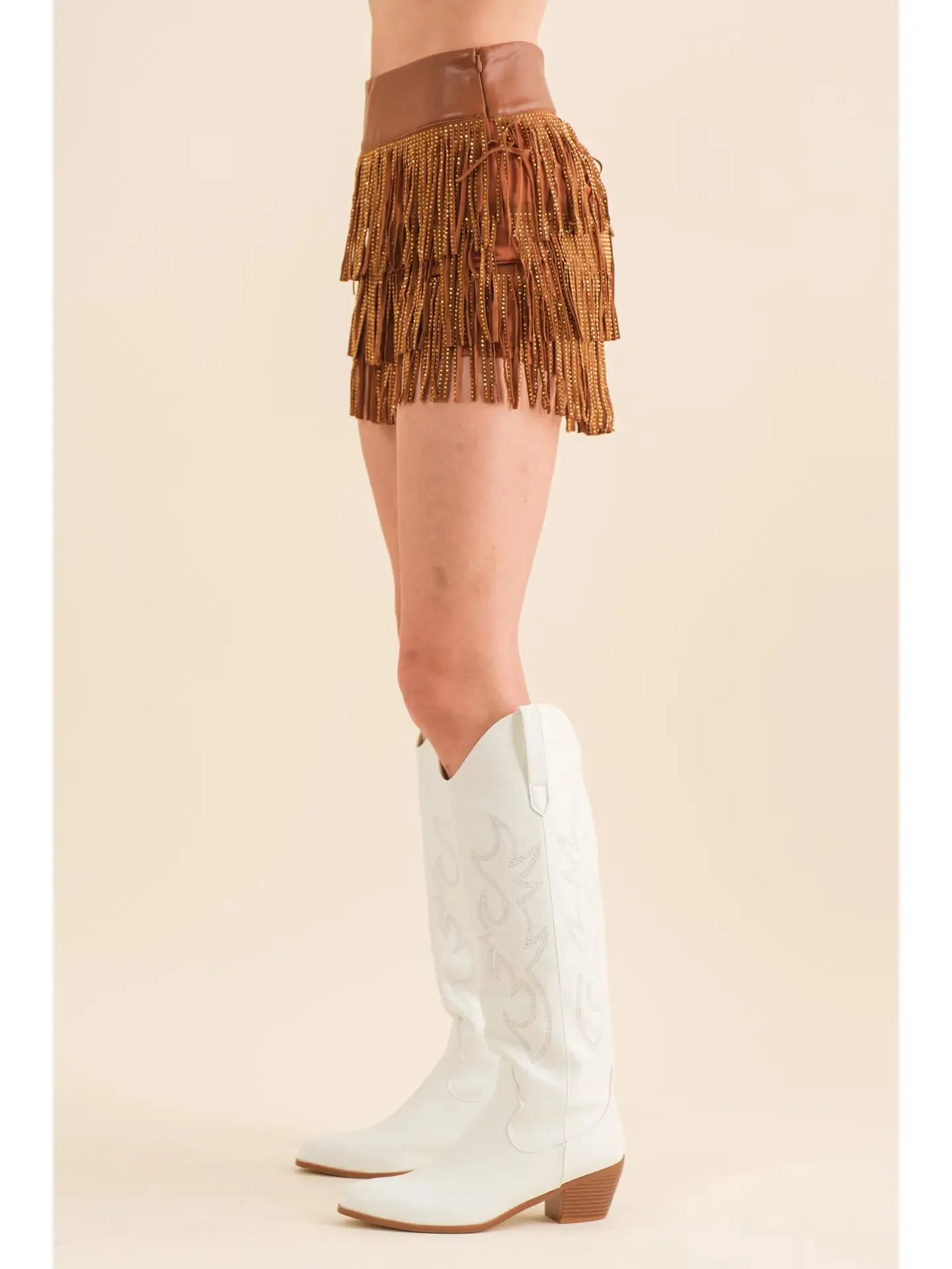 Wide Faux Leather Waist Tiered Fringe Studded Short