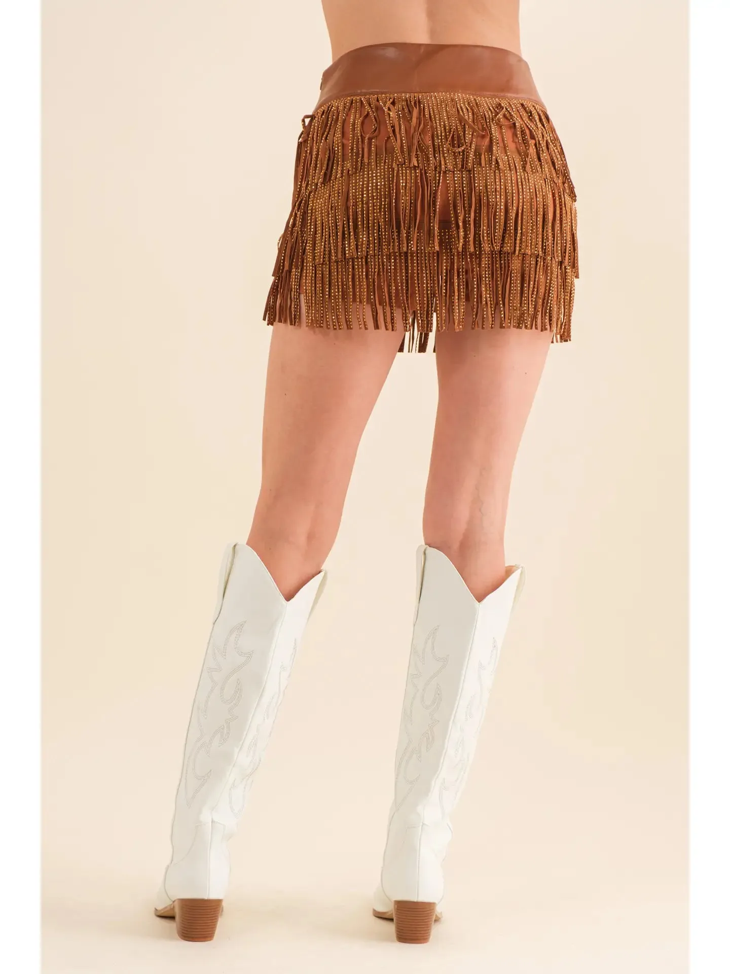 Wide Faux Leather Waist Tiered Fringe Studded Short