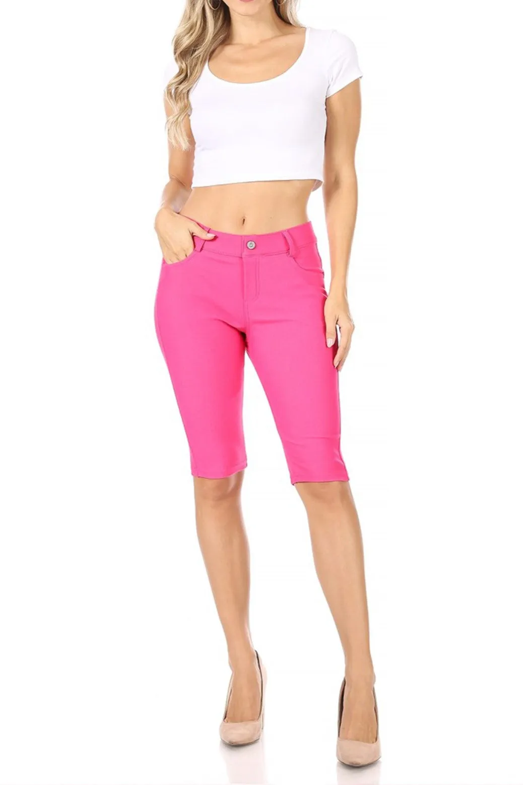 Women's Casual Stretch Comfy Pockets Solid Bermuda Shorts Pants