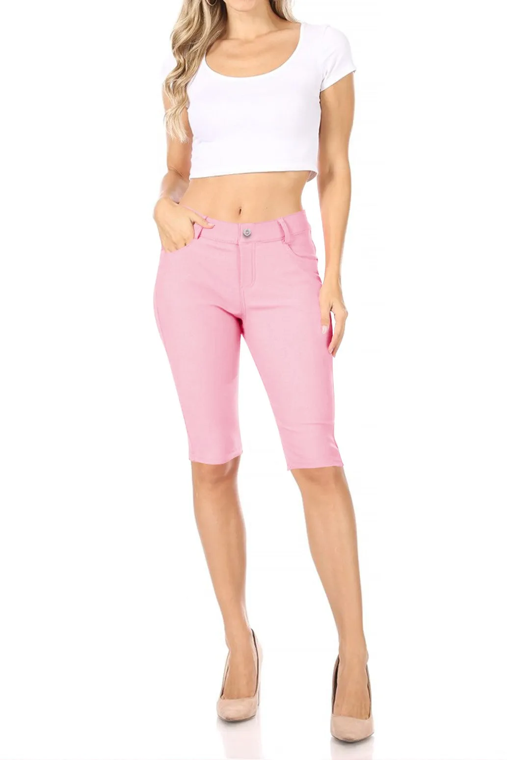 Women's Casual Stretch Comfy Pockets Solid Bermuda Shorts Pants