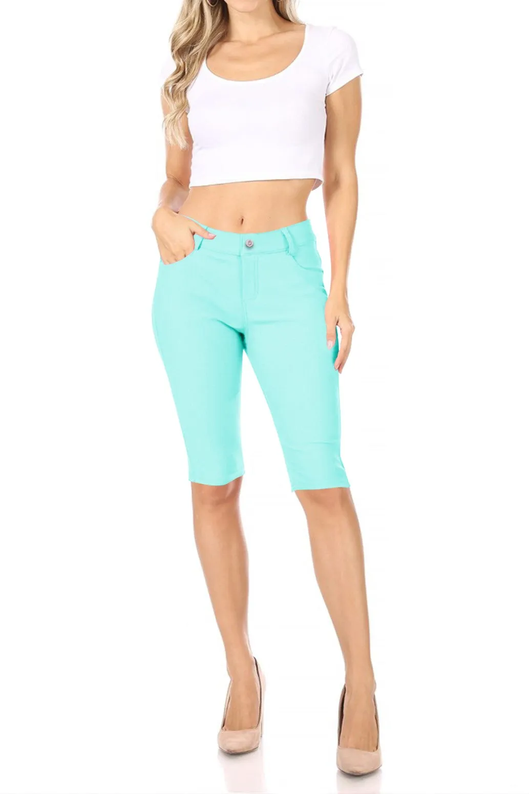 Women's Casual Stretch Comfy Pockets Solid Bermuda Shorts Pants