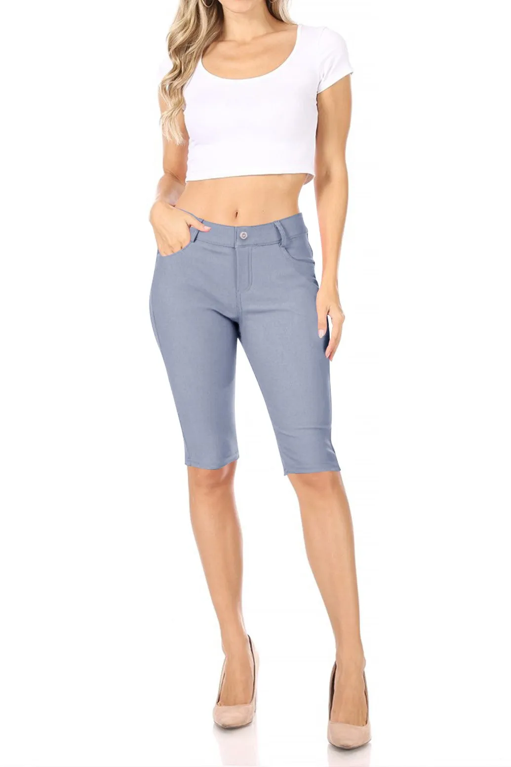 Women's Casual Stretch Comfy Pockets Solid Bermuda Shorts Pants