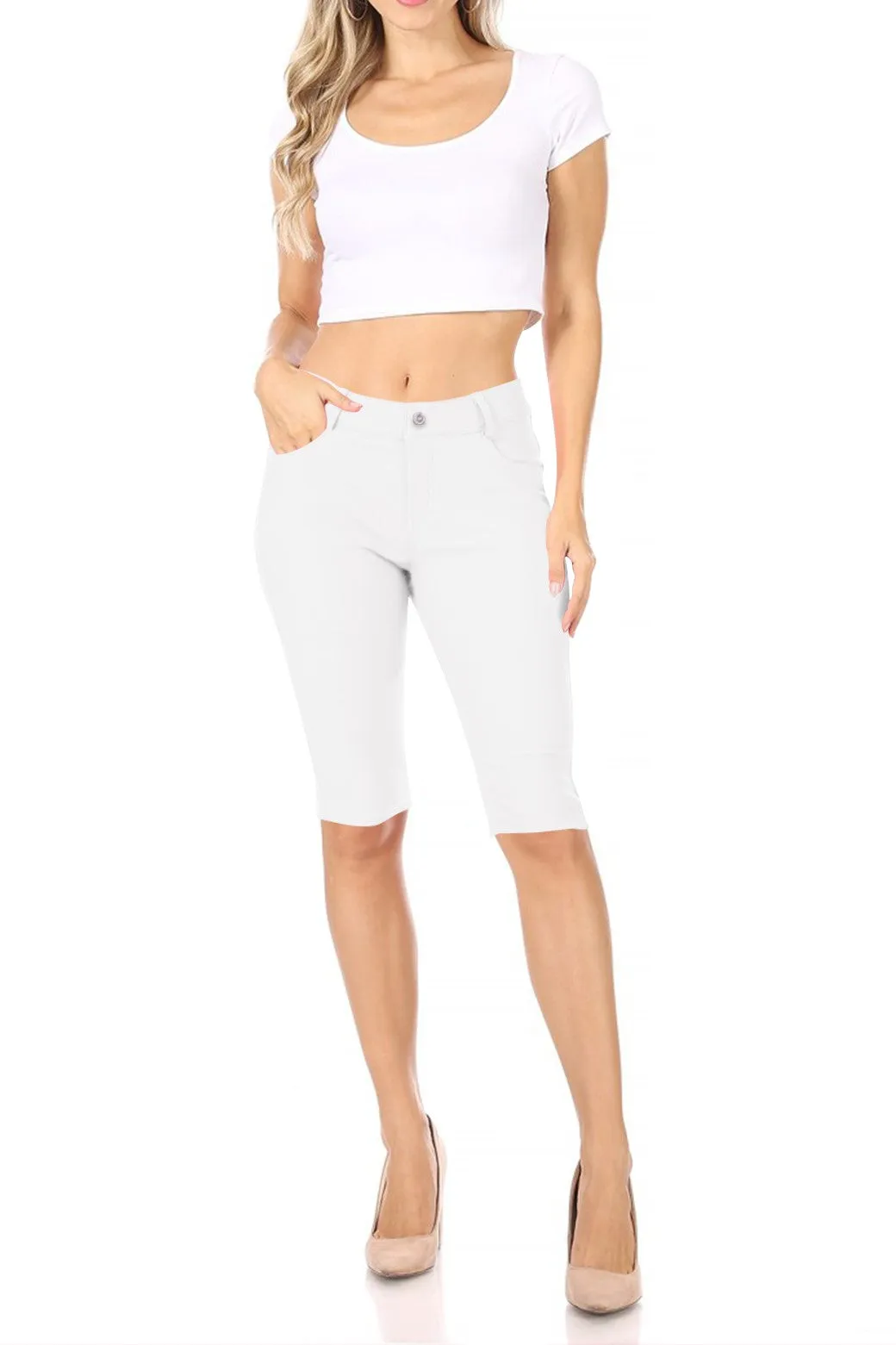 Women's Casual Stretch Comfy Pockets Solid Bermuda Shorts Pants