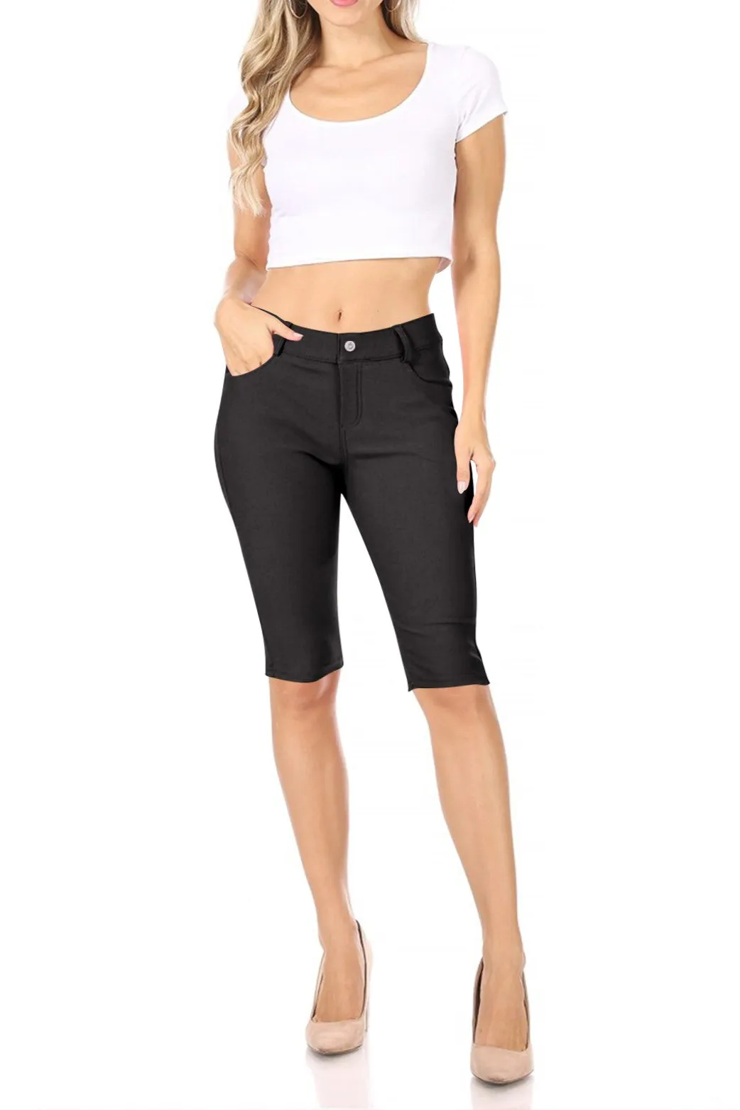 Women's Casual Stretch Comfy Pockets Solid Bermuda Shorts Pants