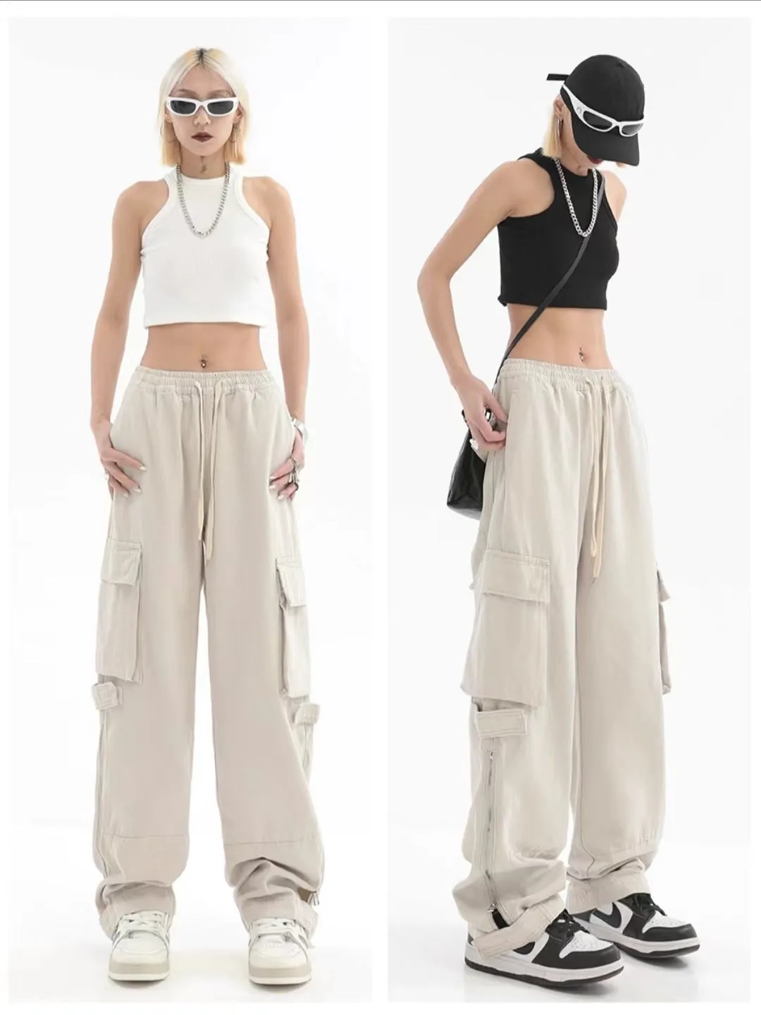 Women’s Elastic Waist Wide Leg Pants with Cargo Pockets