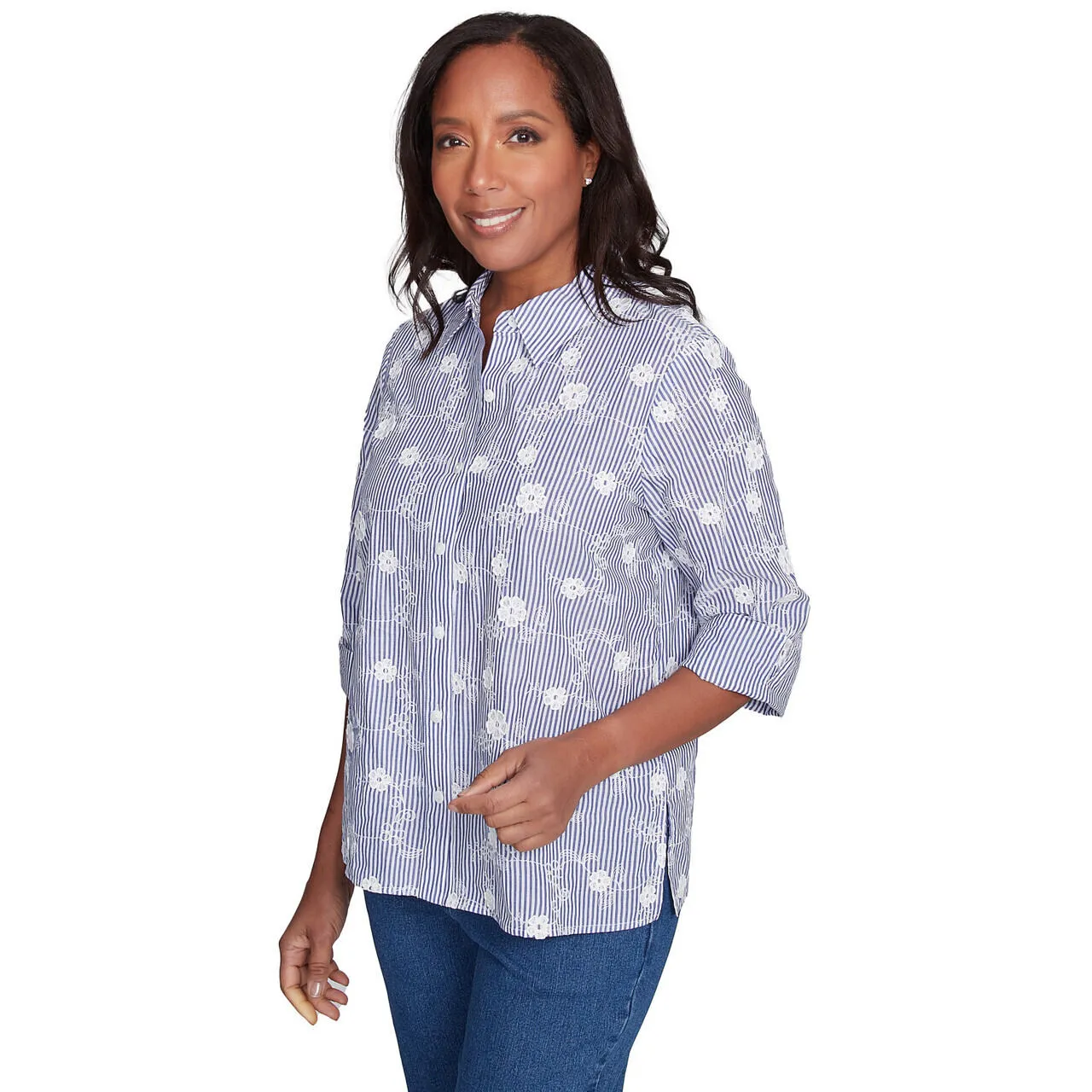Women's Striped Breezy Floral Applique Top - 91440