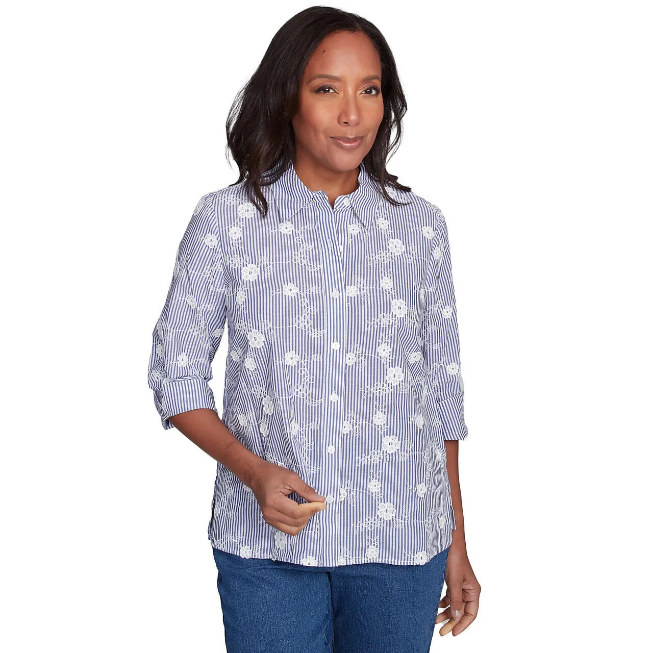 Women's Striped Breezy Floral Applique Top - 91440