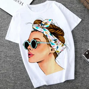 Women's Summer Vogue Print Lady Casual T-shirt Tops Harajuku Streetwear Short Sleeve O-Neck Top
