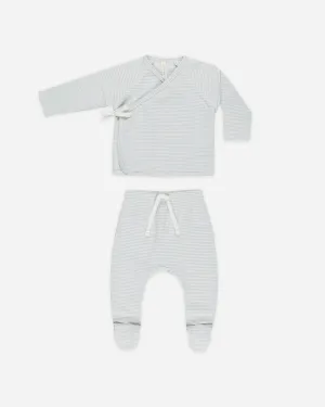 Wrap Top   Footed Pant Set || Sky Micro Stripe