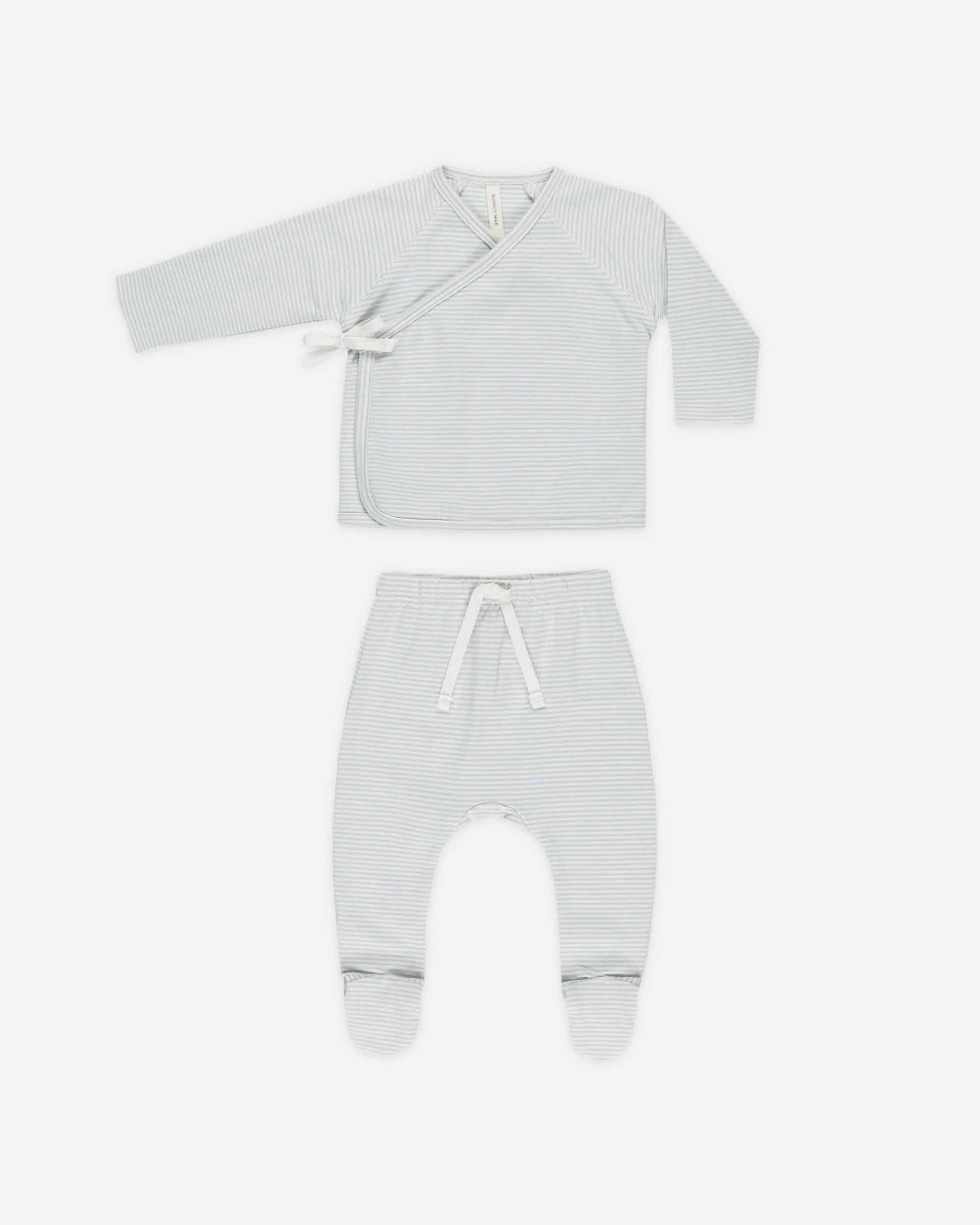 Wrap Top   Footed Pant Set || Sky Micro Stripe
