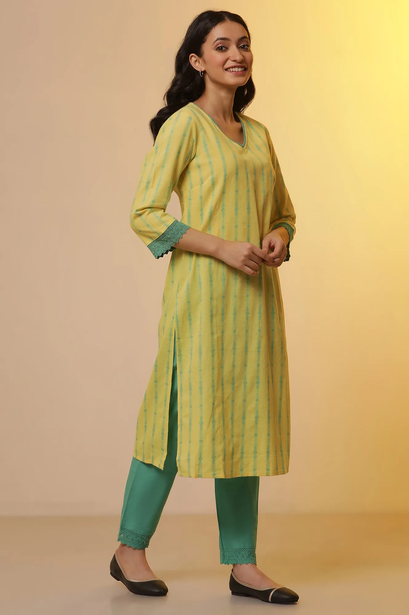 Yellow Cotton Dobby Kurta, Pants and Dupatta Set