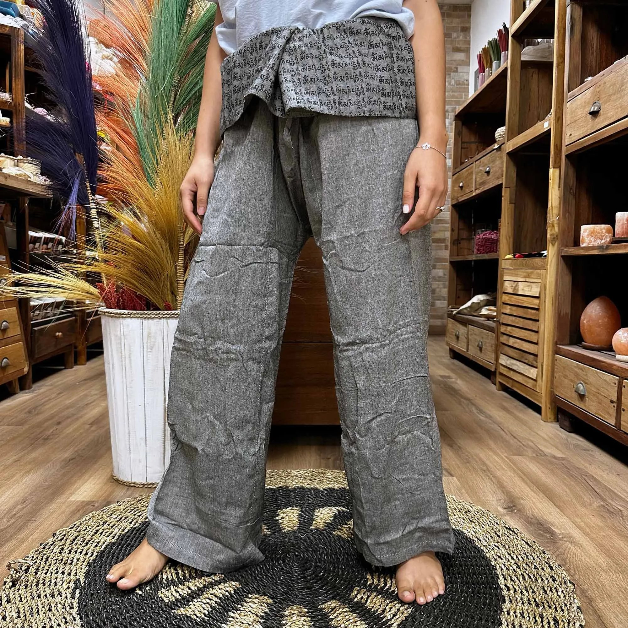 Yoga Pants - Thai Fisherman Mandala Mantra on Grey