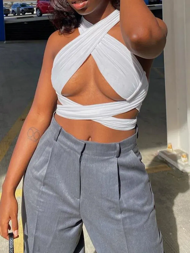Zarae Versatile Cross-Halter Wrap Crop Top