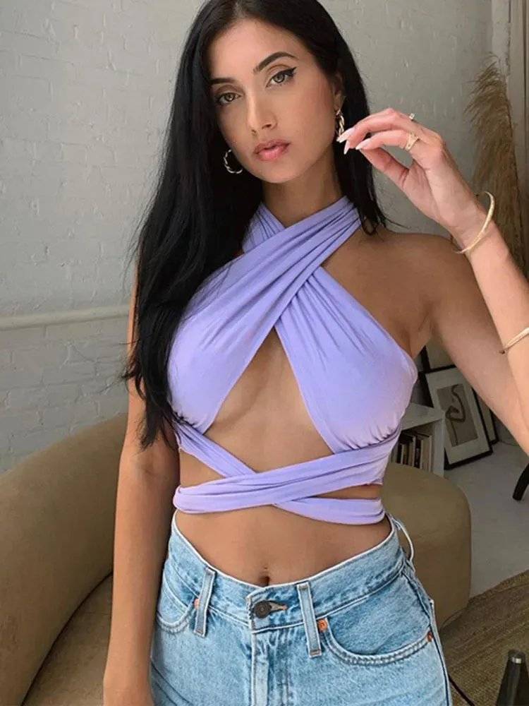 Zarae Versatile Cross-Halter Wrap Crop Top